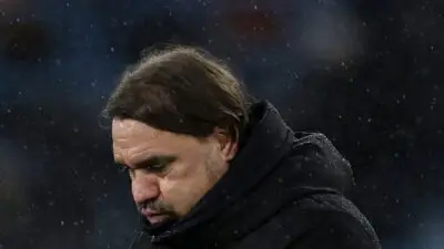 Daniel Farke pictured at Elland Road in the rain