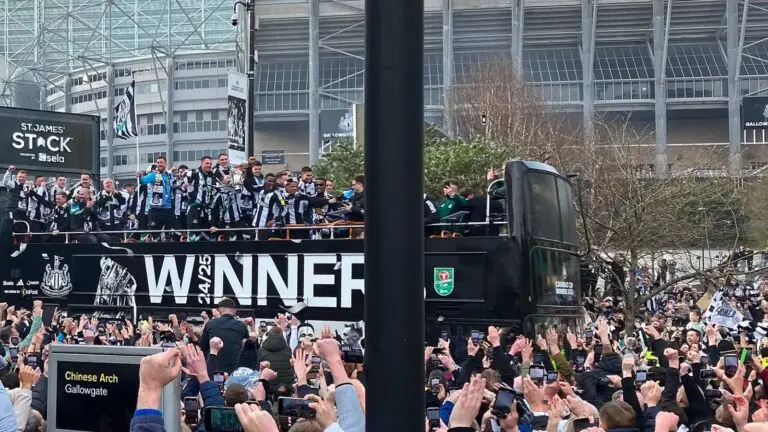 Newcastle United celebrate their Carabao Cup win with an open-top bus parade