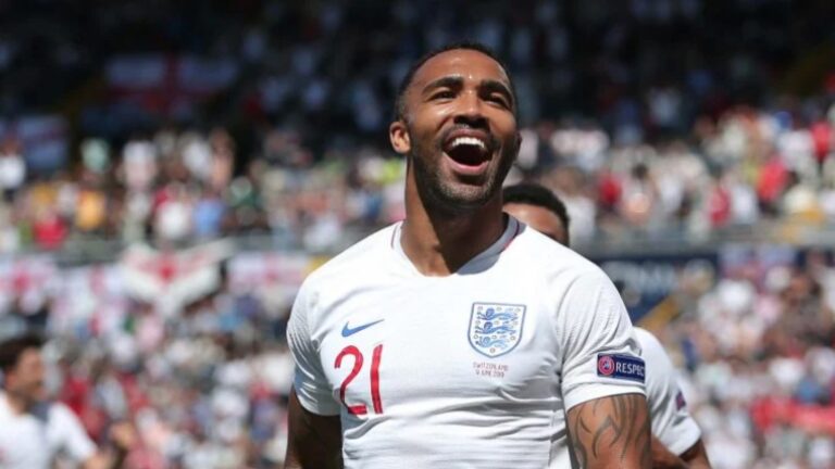 Callum Wilson celebrates scoring a goal for England
