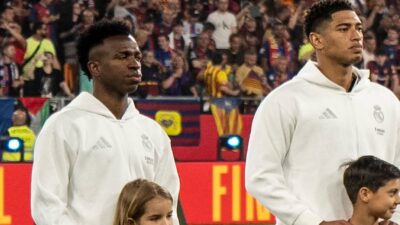 Real Madrid stars Vinicius Jr and Jude Bellingham line up