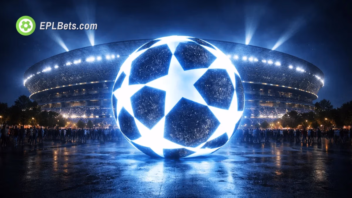 An illuminated Champions League logo outside of a football stadium