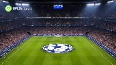 An aerial view of a football stadium on Champions League night