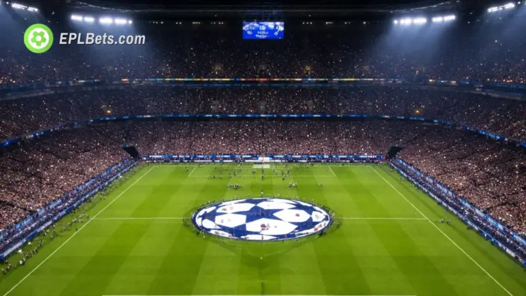 An aerial view of a football stadium on Champions League night