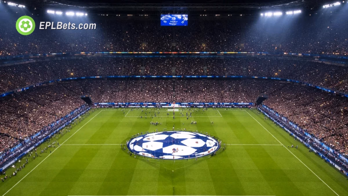 Vista aérea de um estádio de futebol na noite da Liga dos Campeões