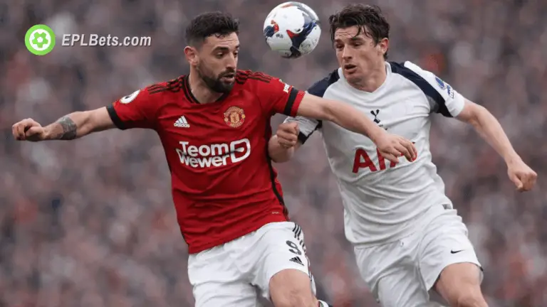 Bruno Fernandes and Conor Gallagher challenge for the ball