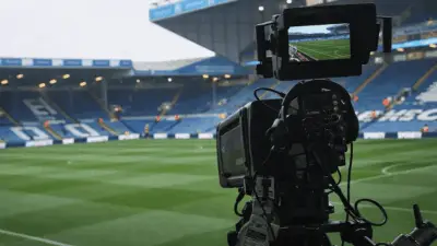 Television camera set up inside a Premier League stadium before kick-off
