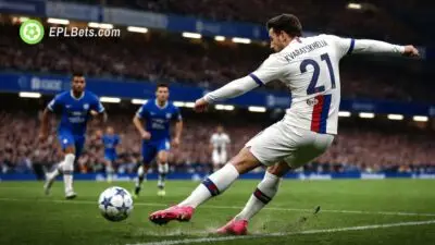 Kvicha Kvaratskhelia cruza a bola contra o Chelsea