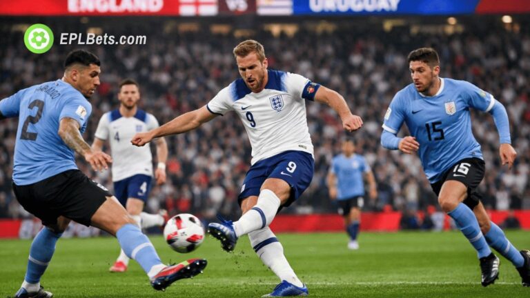 England's Harry Kane takes a shot against Uruguay
