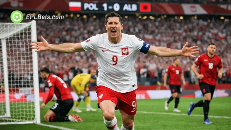 Robert Lewandowski comemora ao marcar um gol pela Polônia contra a Albânia