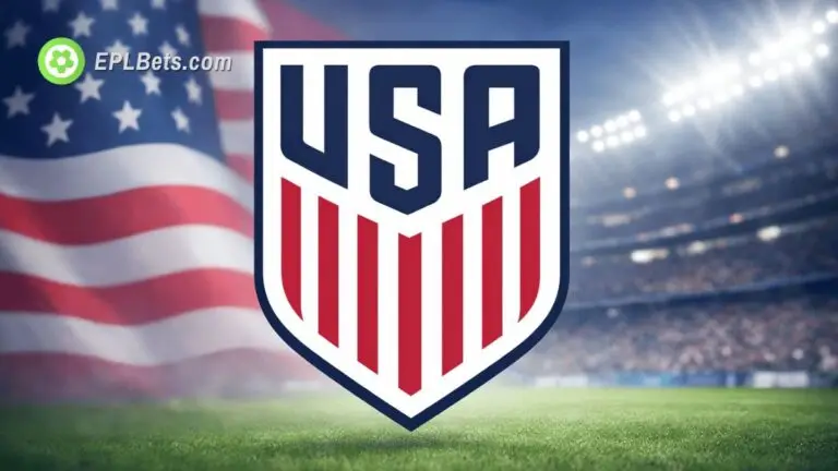 A United States mens national team soccer badge against a soccer stadium backdrop
