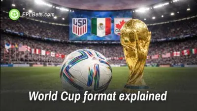 Uma bola de futebol, a Copa do Mundo e um cenário de estádio com as bandeiras dos EUA, do México e do Canadá