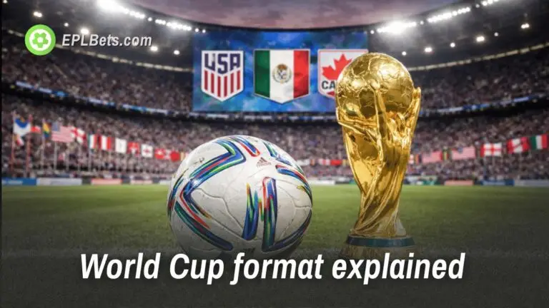 Uma bola de futebol, a Copa do Mundo e um cenário de estádio com as bandeiras dos EUA, do México e do Canadá