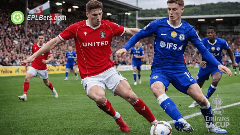 Wrexham and Chelsea players compete for the ball at the Racecourse ground