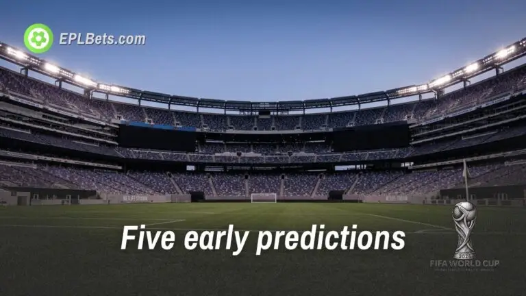 Uma vista do Estádio MetLife com a marca da EPL Bets e uma gravura da Copa do Mundo de 2026