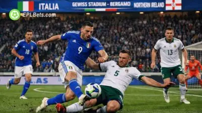 Jogadores da Itália e da Irlanda do Norte disputam a bola em uma partida de futebol