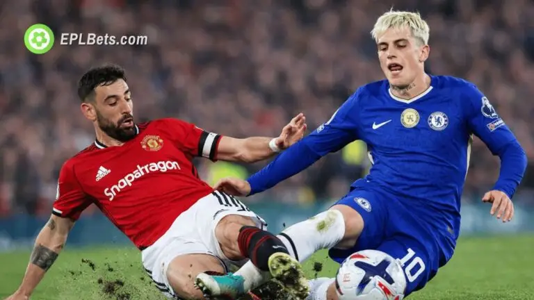 Bruno Fernandes of Man United tackles Chelsea's Alejandro Garnacho