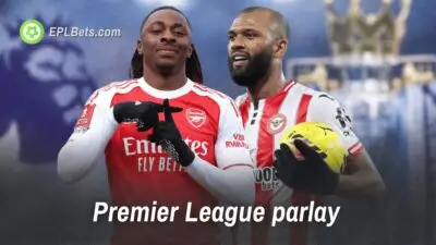 Eberechi Eze and Thiago alongside the Premier League logo and trophy