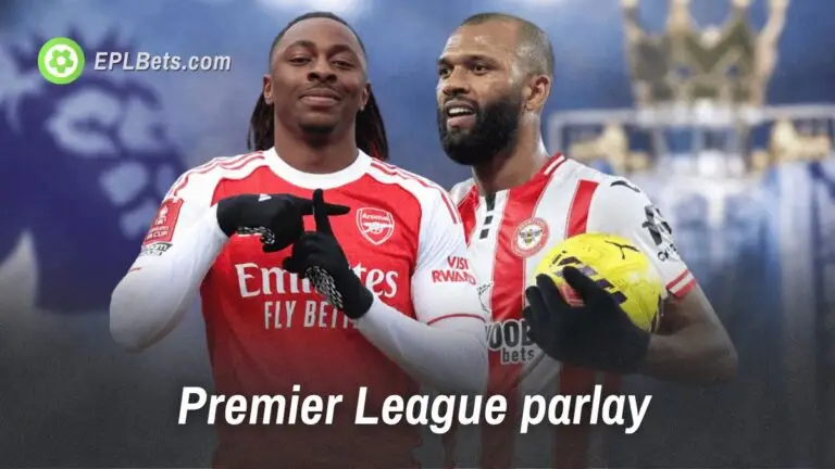 Eberechi Eze e Thiago ao lado do logotipo e do troféu da Premier League