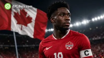 Alphonso Davies in Canada kit with Canadian flag in background.
