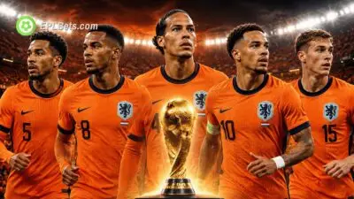 Netherlands stars including Virgil Van Dijk surround FIFA World Cup Trophy.