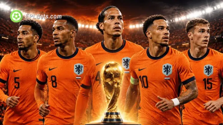 Netherlands stars including Virgil Van Dijk surround FIFA World Cup Trophy.