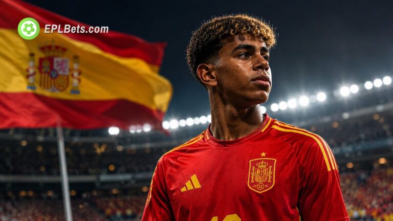 Lamine Yamal in Spain kit with Spain Flag in background.