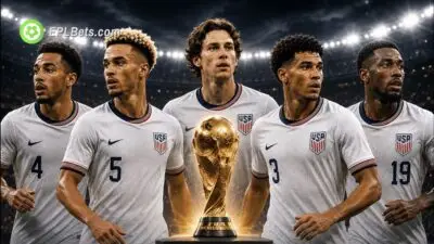 Tyler Adams, Antonee Robinson, Brendan Aaronson, Chris Richards and Haji Wright surround the FIFA World Cup.