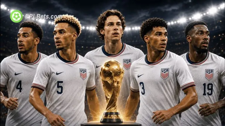 Tyler Adams, Antonee Robinson, Brendan Aaronson, Chris Richards and Haji Wright surround the FIFA World Cup.