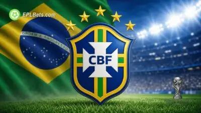 The badge for the Brazilian football team against a stadium backdrop with their national flag