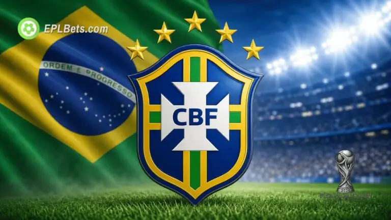 The badge for the Brazilian football team against a stadium backdrop with their national flag