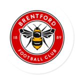 A Brentford club crest on a white circle