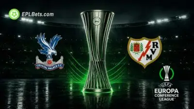The Europa Conference League trophy alongside Crystal Palace and Rayo Vallecano's club crests