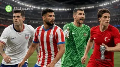 Christian Pulisic, Omar Alderete, Mathew Ryan and Kenan Yildiz against a stadium backdrop