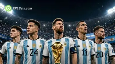 Argentina 2026 World Cup squad players with the FIFA World Cup trophy in a packed stadium