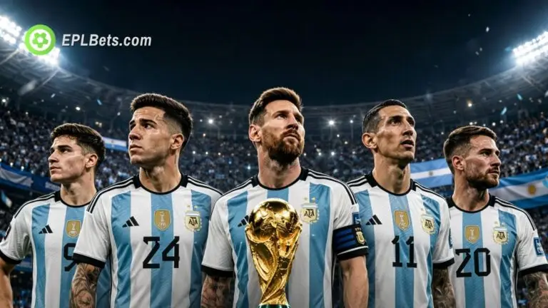Argentina 2026 World Cup squad players with the FIFA World Cup trophy in a packed stadium