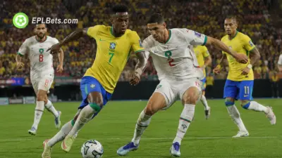 Vinícius Júnior in takes on Hakimi of Morocco in the World Cup 2026 group clash