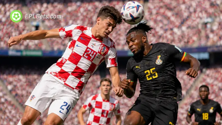 Luka Vušković, da Croácia, disputa a bola no ar com Antoine Semenyo, de Gana, enquanto ambas as seleções buscam uma vaga nas oitavas de final