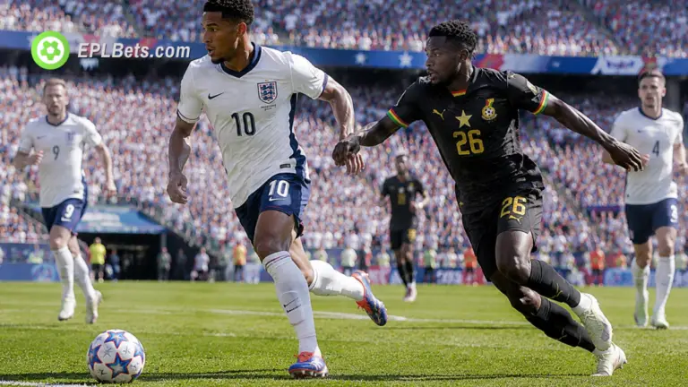 Jude Bellingham, da Inglaterra, dribla Alidu Seidu, de Gana, na entrada da área