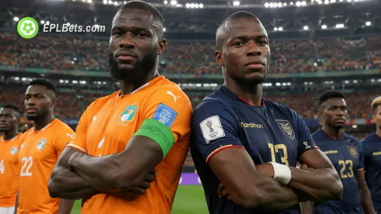 Franck Kessie of Ivory Coast and Enner Valencia of Ecuador back to back, facing the camera