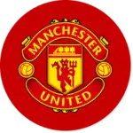 A Manchester United club crest on a red circle