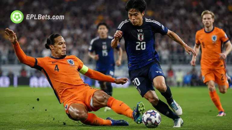 Virgil van Dijk making a slide tackle as Takefusa Kubo of Japan attacks