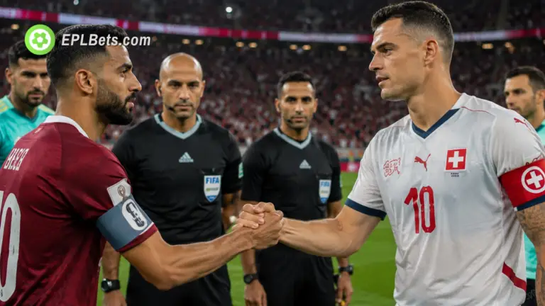 Hassan Al-Haydos, do Catar, e Granit Xhaka, da Suíça, apertando as mãos antes da partida