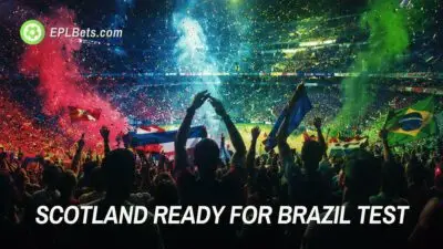 A picture of a World Cup crowd with the text 'Scotland ready for Brazil test'