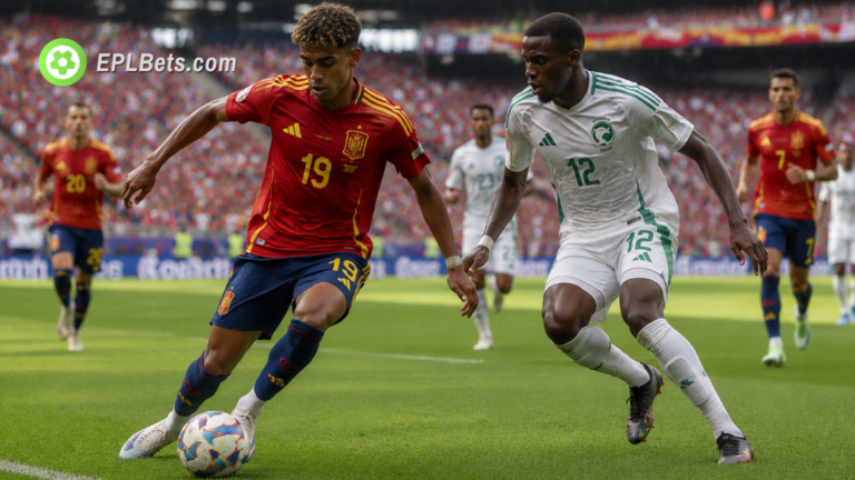 Lamine Yamal, da Espanha, e Michael Saud Abdulhamid, da Arábia Saudita, disputam a bola no Grupo H