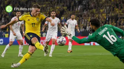 Viktor Gyökeres of Sweden draws a fantastic save from with Aymen Dahmen of Tunisia