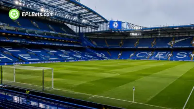Chelsea Stamford Bridge Stadium interior, pitch-side before a game