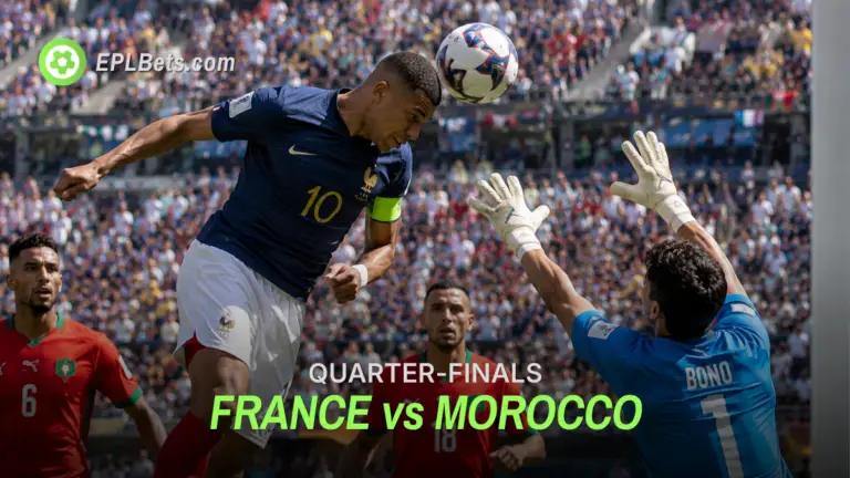 Mbappe of France fires in a header, as Yassine Bounou of Morocco moves for the save