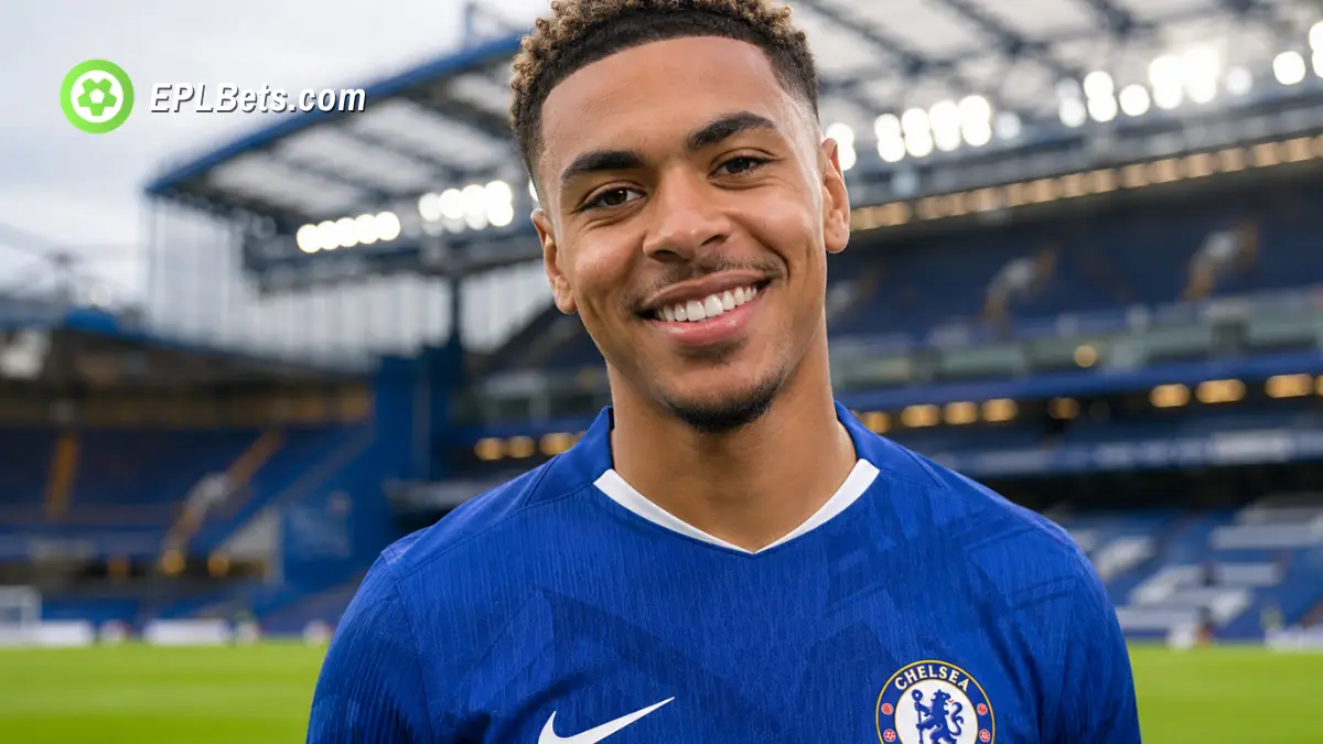 Morgan Rogers sorri para a câmera, à beira do campo, em Stamford Bridge