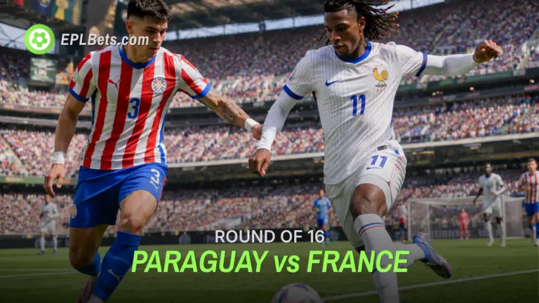 José Canale of Paraguay defending against Michael Olise of France