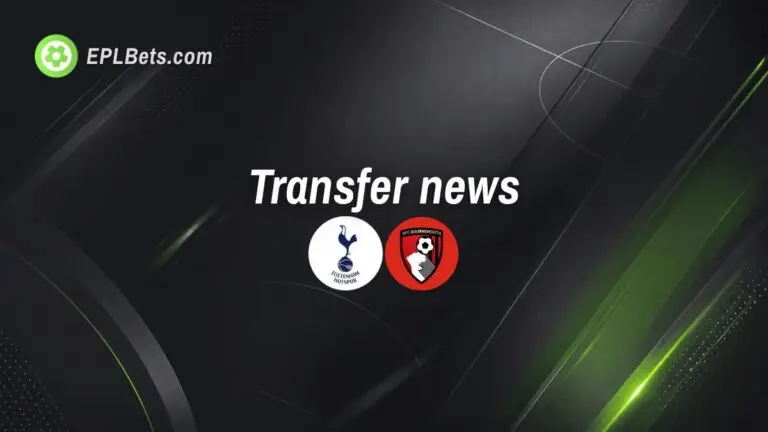 Emblemas dos clubes Tottenham Hotspur e Bournemouth com as palavras “notícias sobre transferências”